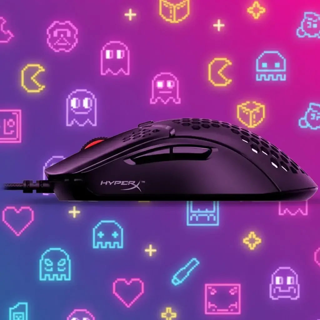 Black HyperX gaming mouse with honeycomb shell and red scroll wheel on neon retro arcade backdrop