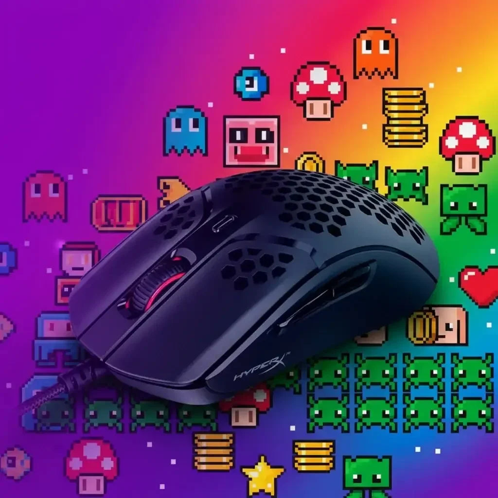 Black HyperX gaming mouse with honeycomb design on colorful retro 8-bit video game background