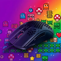 Black HyperX gaming mouse with honeycomb design on colorful retro 8-bit video game background