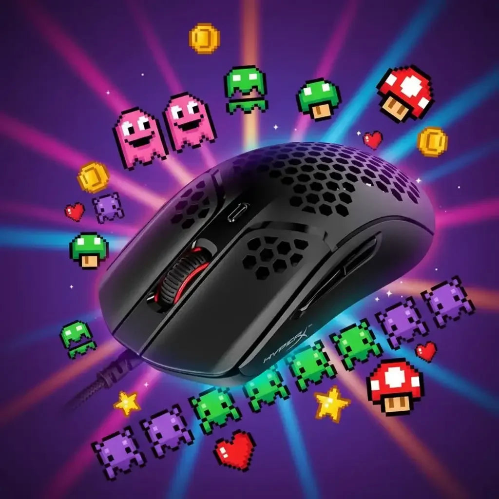 Black HyperX gaming mouse with honeycomb design surrounded by colorful pixel art icons and coins