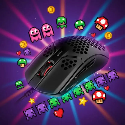 Black HyperX gaming mouse with honeycomb design surrounded by colorful pixel art icons and coins
