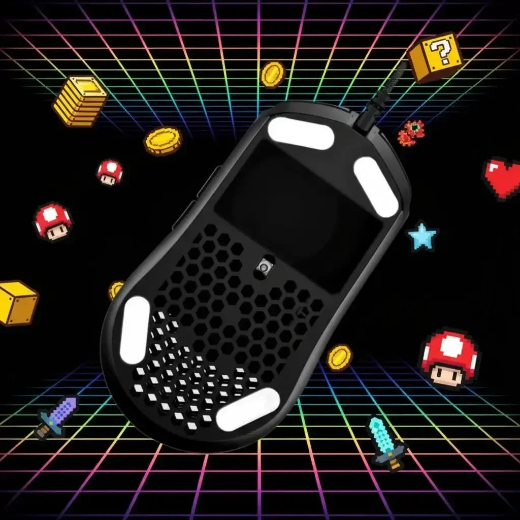 Black honeycomb gaming mouse with RGB grid background and pixelated game icons like coins, mushrooms, and swords
