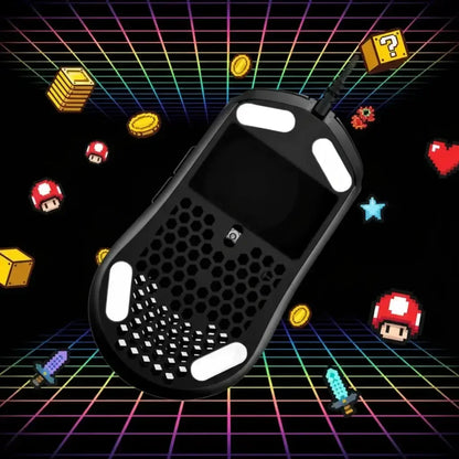 Black honeycomb gaming mouse with RGB grid background and pixelated game icons like coins, mushrooms, and swords