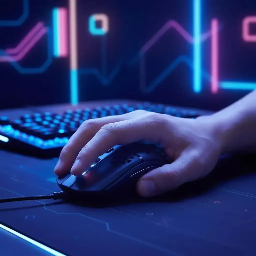 Hand using black gaming mouse on desk with LED backlit mechanical keyboard in dark room