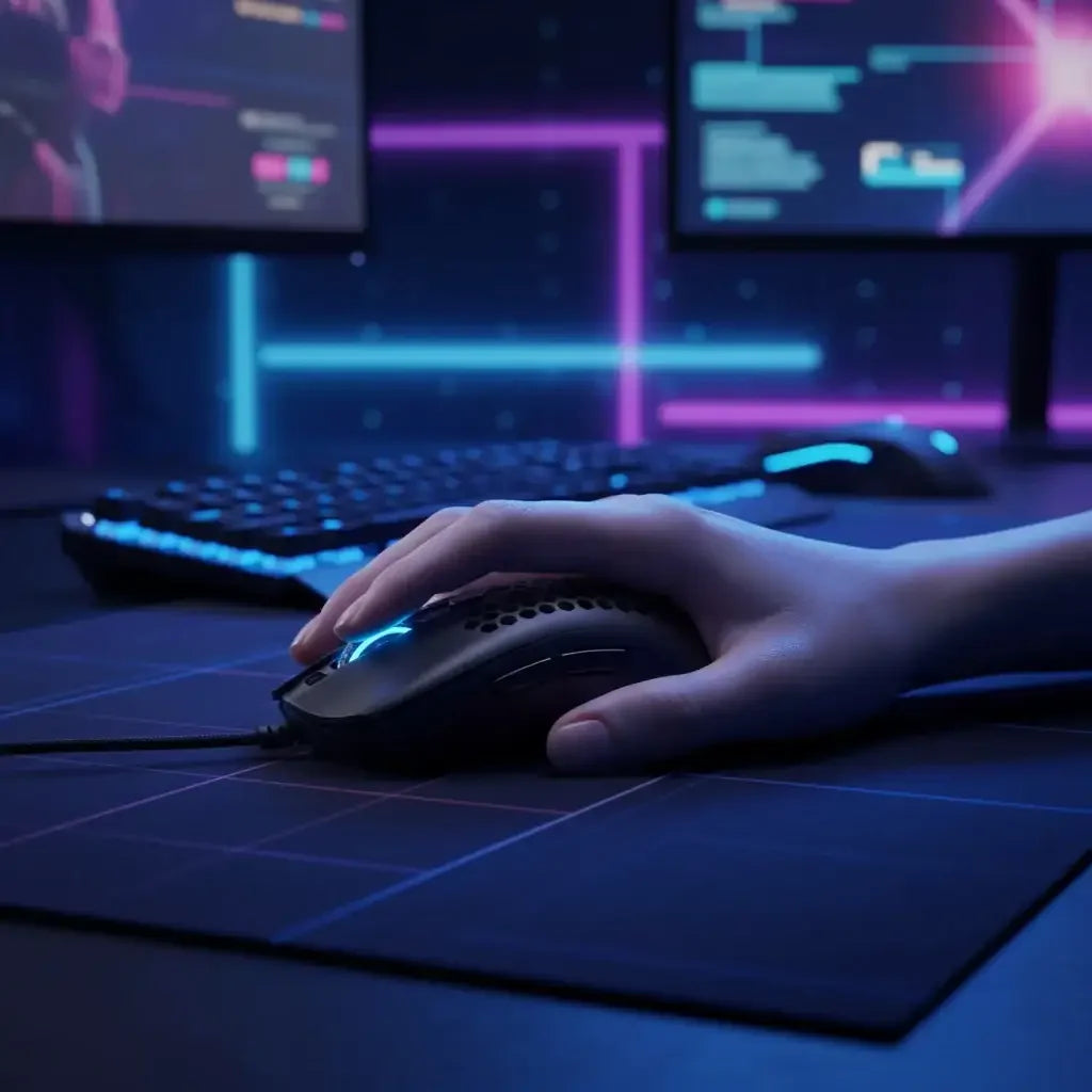 Hand using a gaming mouse on a large mouse pad with illuminated keyboard and monitors in the background
