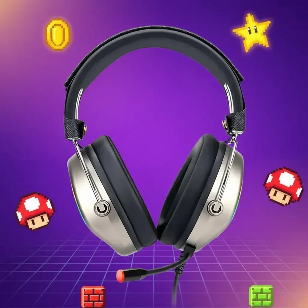 Silver and black gaming headset with microphone on purple background with pixel art stars, coins, mushrooms, and bricks