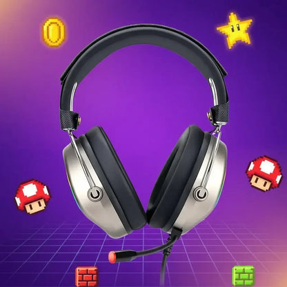 Silver and black gaming headset with microphone on purple background with pixel art stars, coins, mushrooms, and bricks