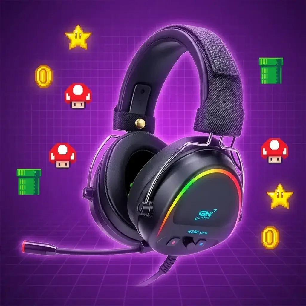 Black gaming headset with RGB lighting and microphone on purple background with pixel art mushrooms, coins, stars, and pipes