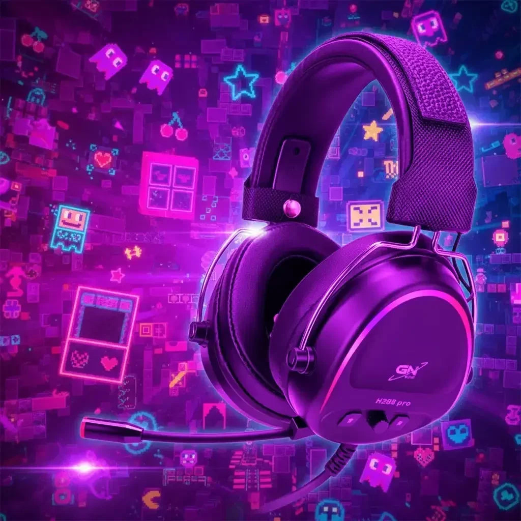 Purple GN Lite H288 Pro gaming headset with mic, neon pixel art background, retro video game icons