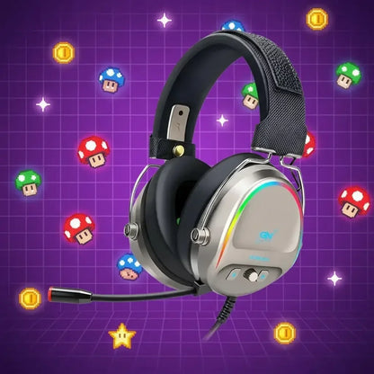 Metallic gaming headset with microphone and RGB lighting on purple 8-bit game background
