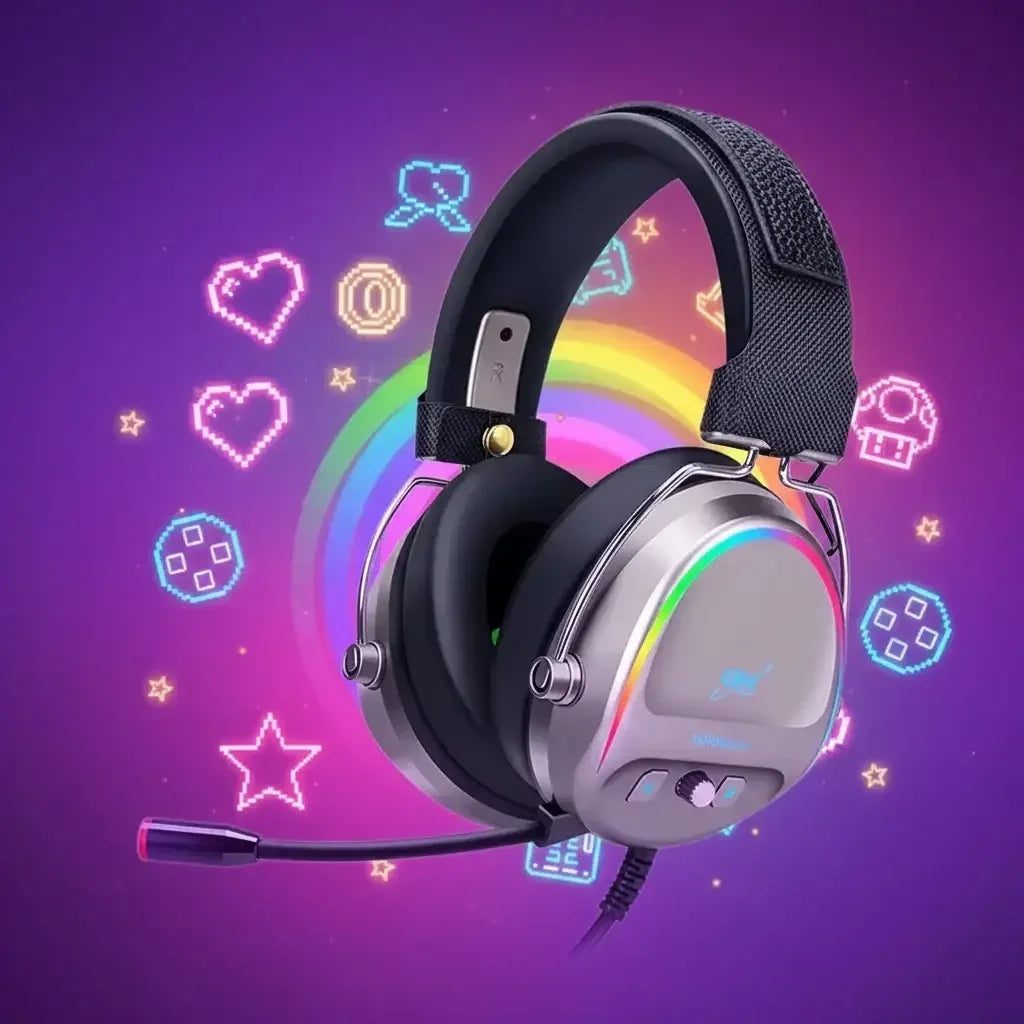 Gaming headset with RGB lighting and microphone on colorful pixel art background