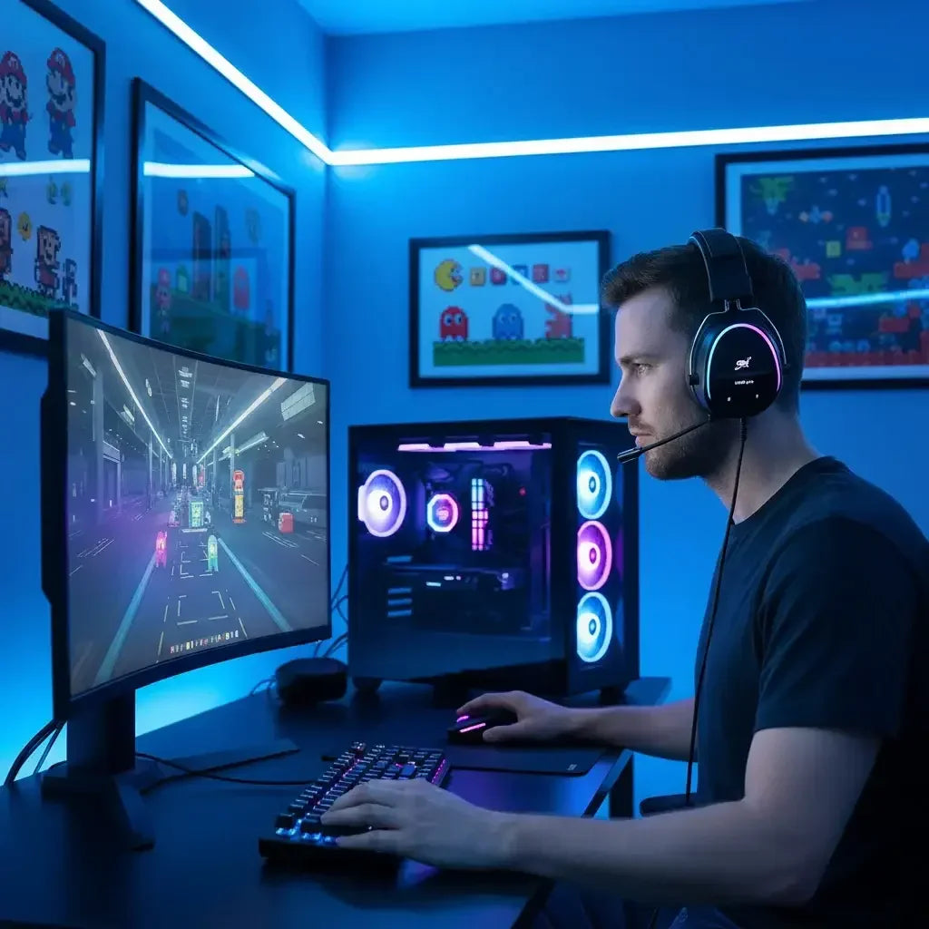 Man wearing gaming headset playing video game on curved monitor in blue RGB-lit gaming setup