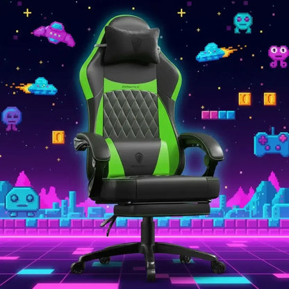 Green and black gaming chair with pixel art space invader game background
