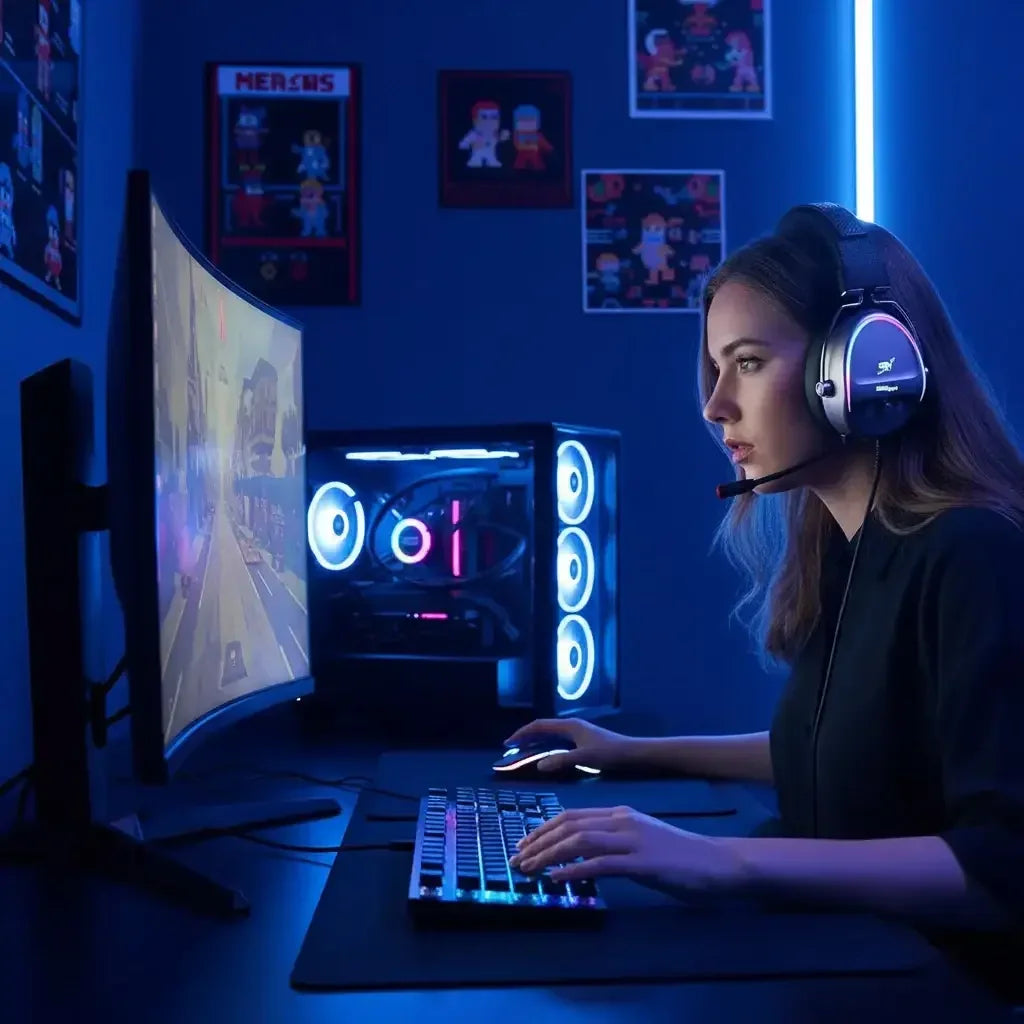 Focused woman gaming on curved monitor with RGB keyboard and illuminated PC in blue-lit gaming room