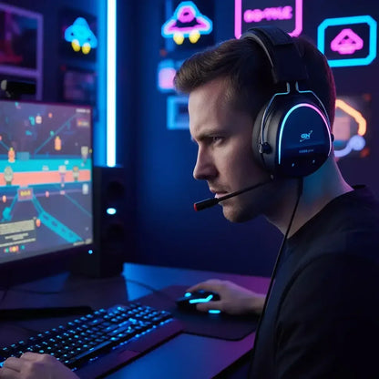 Focused male gamer wearing RGB-lit headset playing video game on dual monitors in dark gaming setup