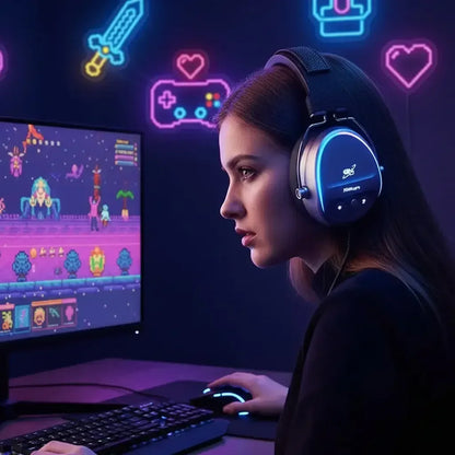 Young woman gamer wearing LED headphones playing pixel art video game on desktop computer with neon gaming icons