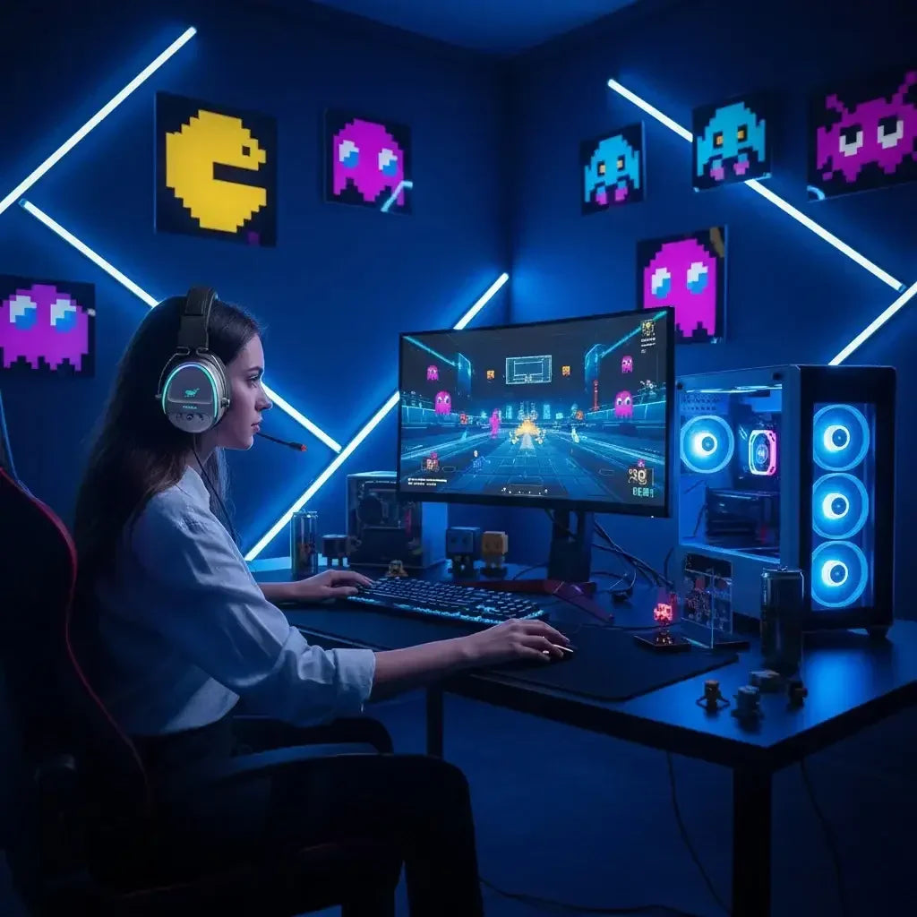 Young woman gaming with headset in dark room decorated with neon lights and retro arcade wall art