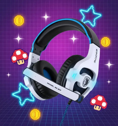 White gaming headset Sades SA-903 with pixel mushrooms, coins, stars on a purple grid background