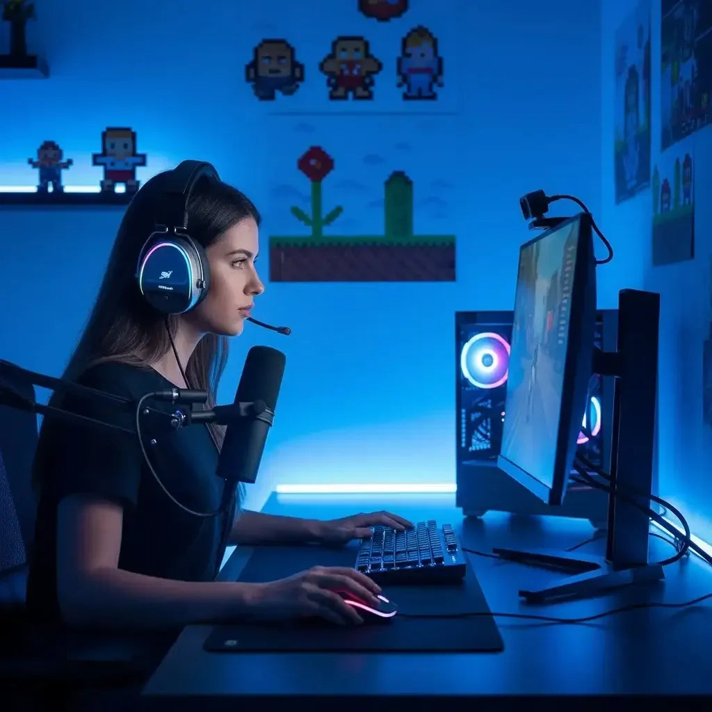 Female gamer wearing headset and microphone playing video game on dual monitors in blue-lit gaming room