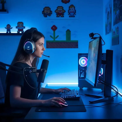 Female gamer wearing headset and microphone playing video game on dual monitors in blue-lit gaming room