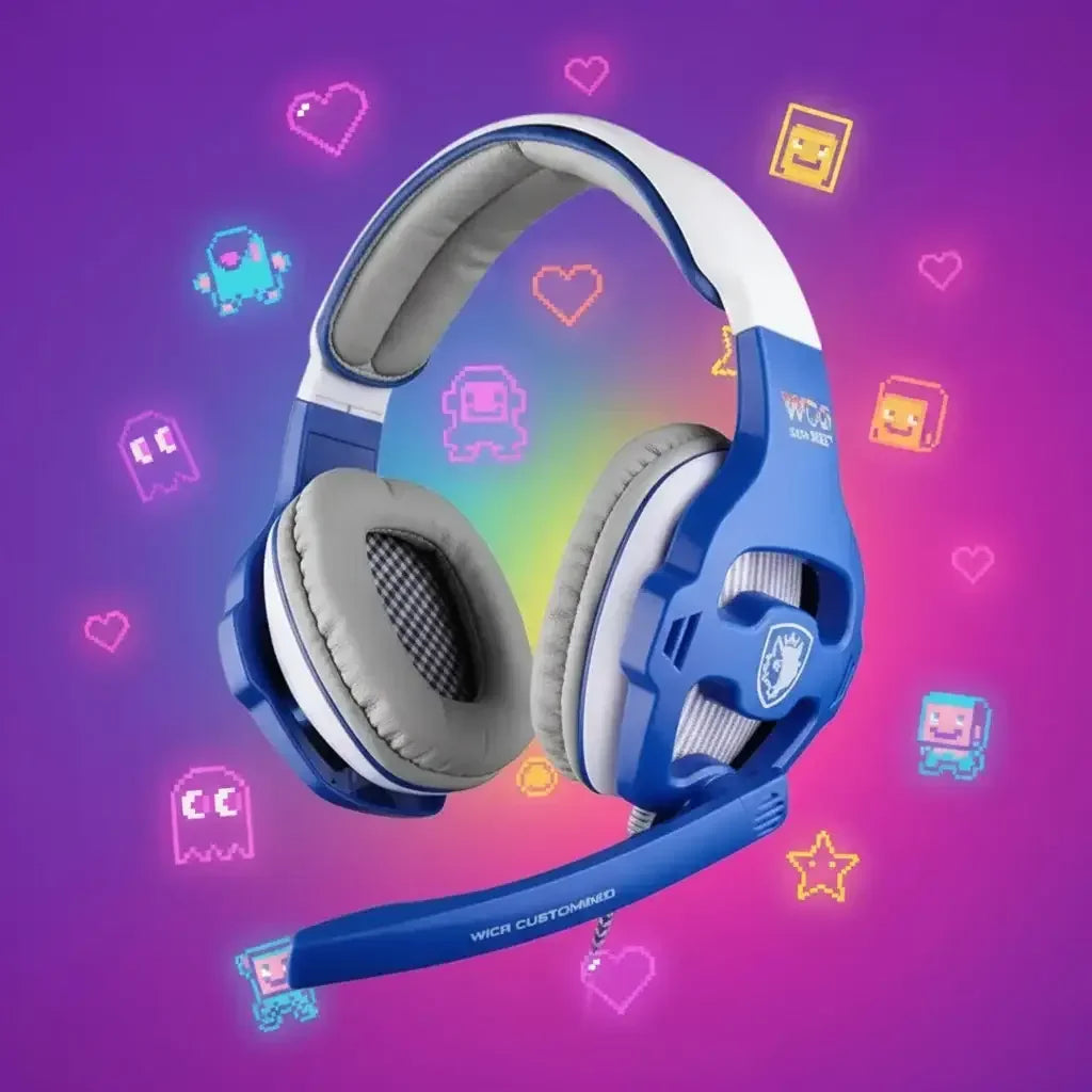 Blue gaming headset with microphone on a purple background with pixel art graphics