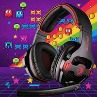 SADES gaming headset with red accents on a retro pixel art video game background