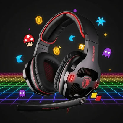 SADES gaming headset with LED lights, surrounded by retro video game icons on neon grid