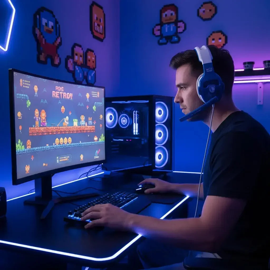 Gamer at LED-lit desk playing retro video game on PC in blue gaming room with pixel art decor