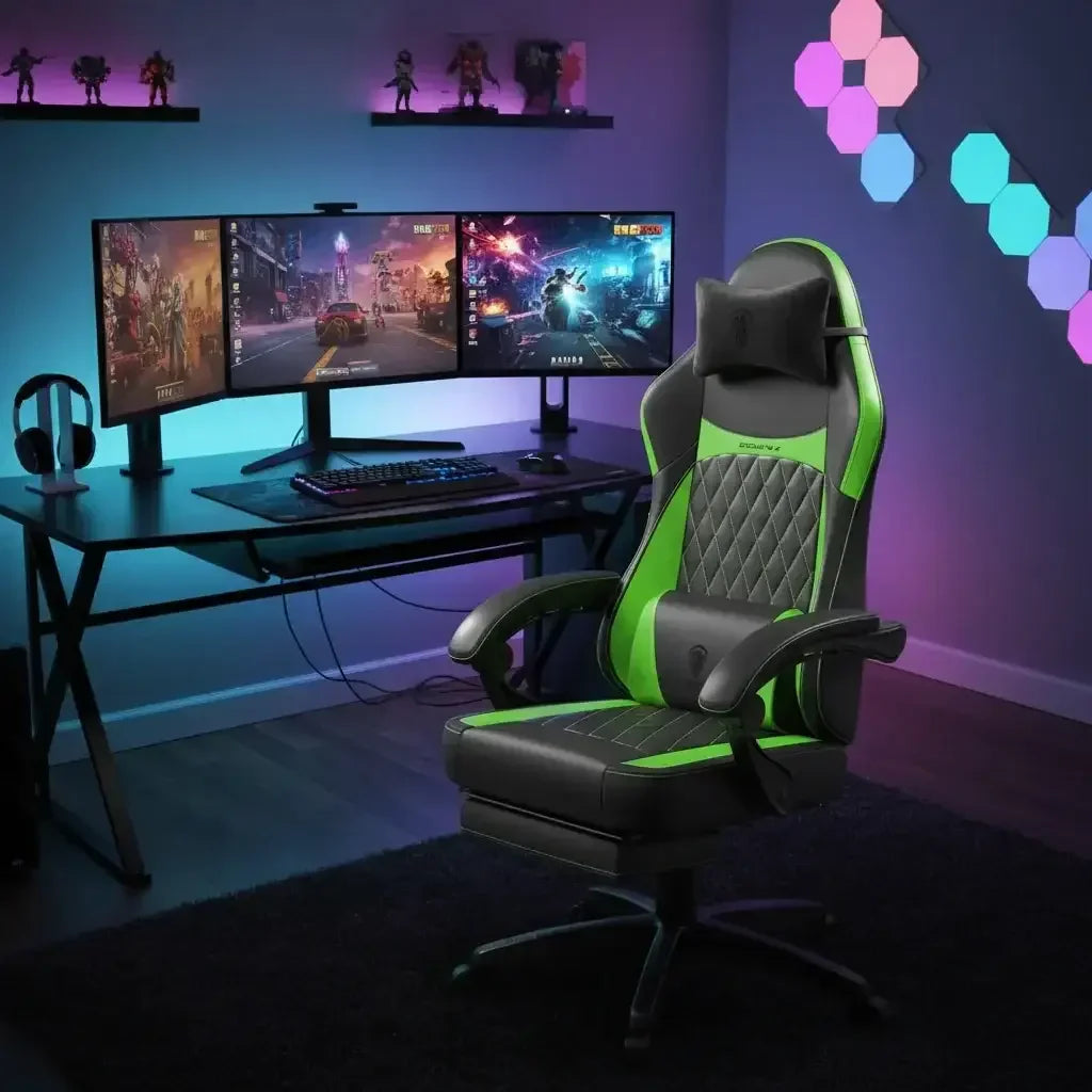 Modern gaming setup with triple monitors, RGB lighting, green-black gaming chair, and action game screens
