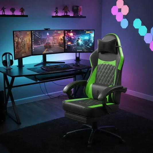 Modern gaming setup with triple monitors, RGB lighting, green-black gaming chair, and action game screens