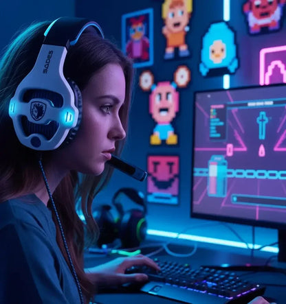 Female gamer with headset at RGB-lit gaming setup, pixel art decor, computer screen visible