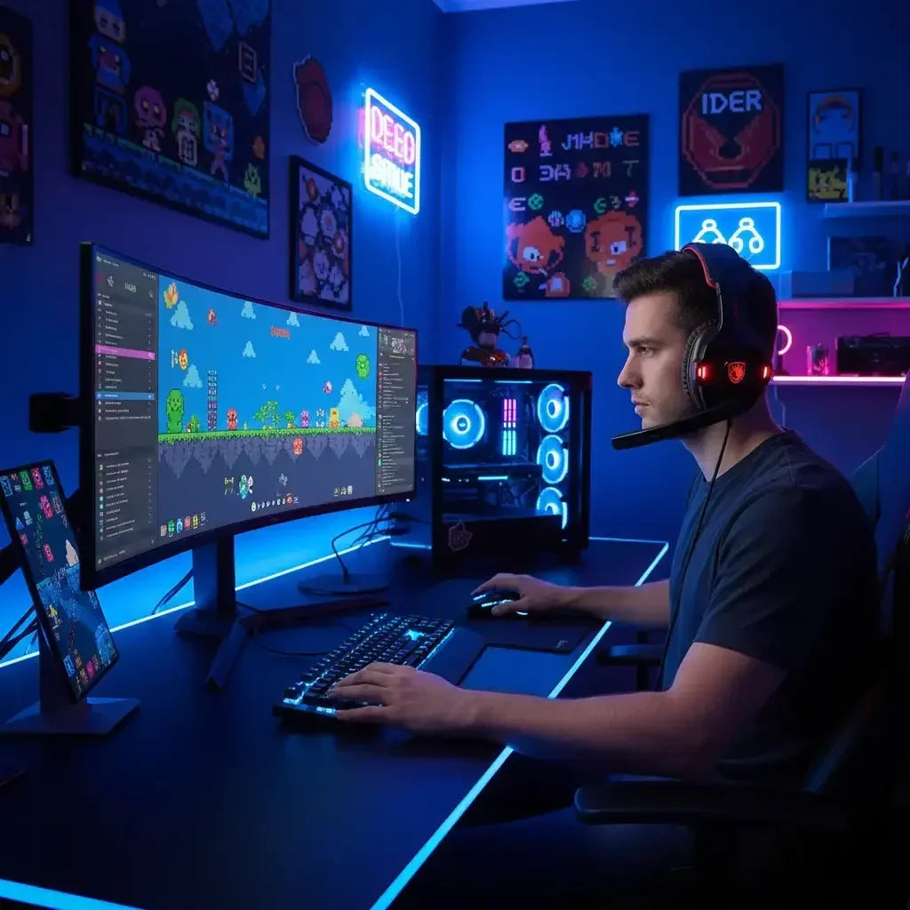 Gamer at neon-lit desk with ultrawide monitor, gaming PC, headset, and pixel art decor
