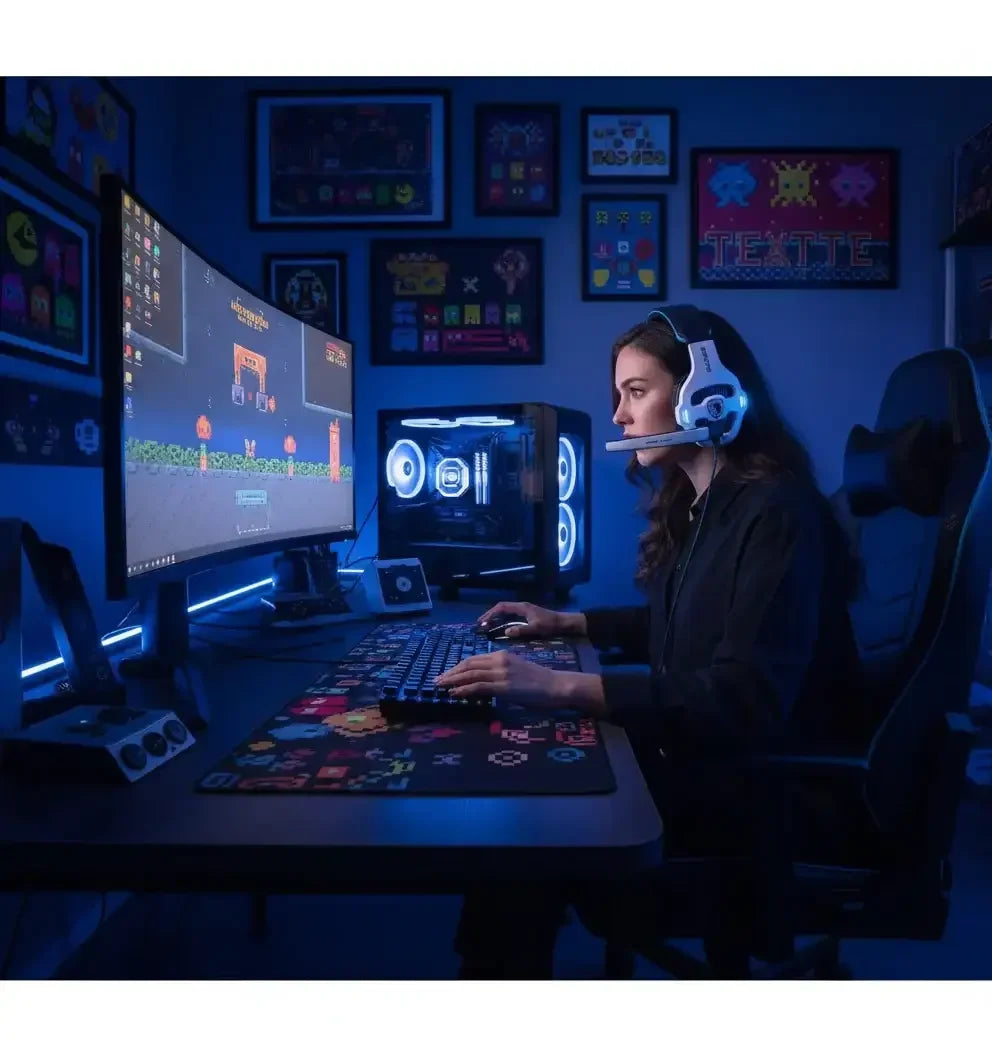 Woman gaming at RGB-lit PC setup with headset, curved monitor, and retro video game decor.