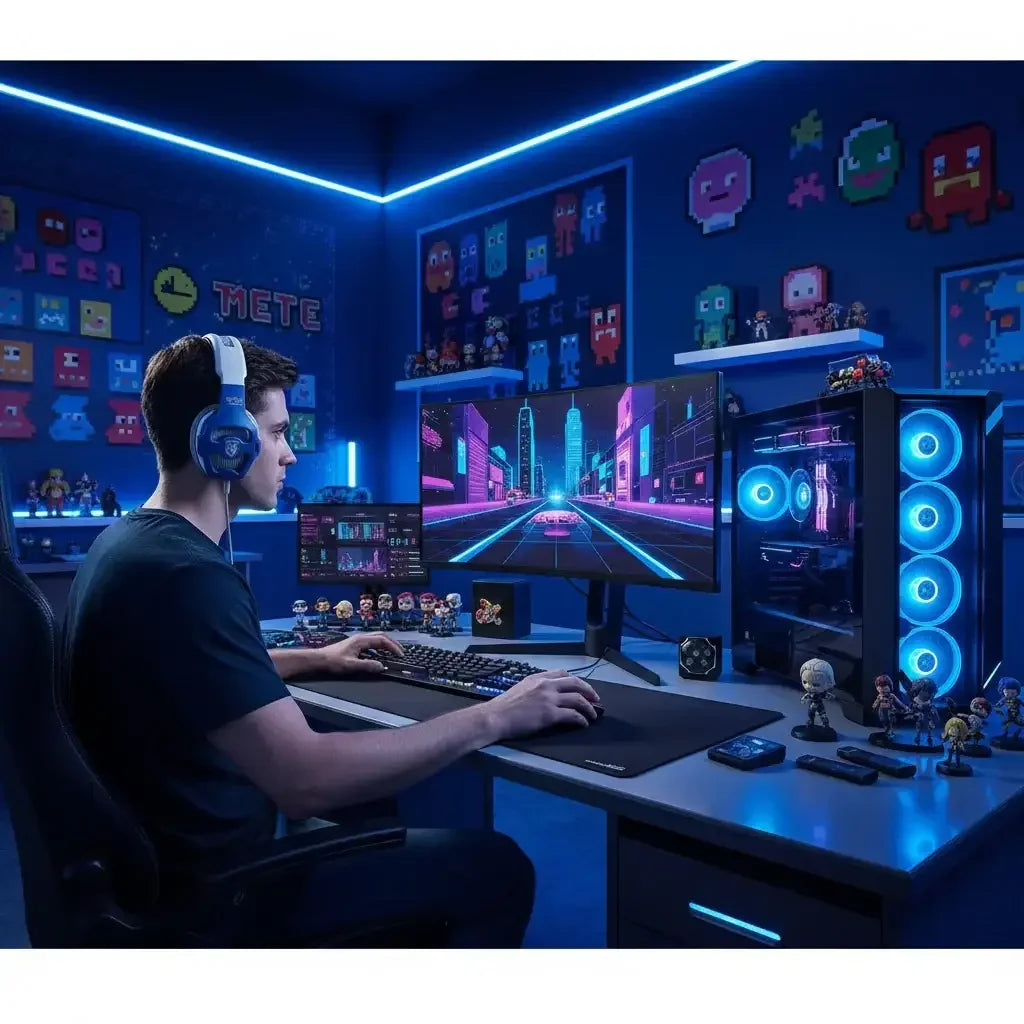 Gamer at neon-lit setup with RGB PC, dual monitors, game figurines, and pixel art wall decor