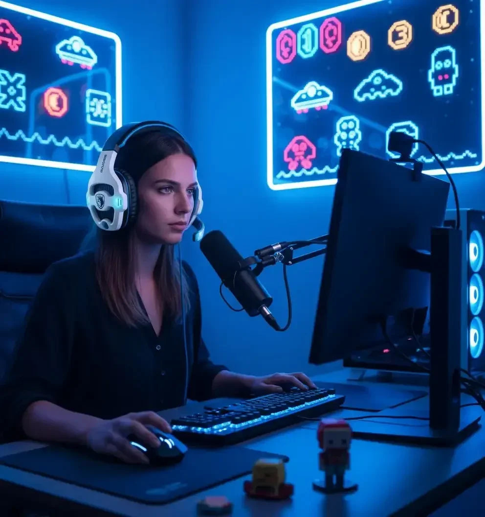 Female gamer streaming at computer desk with headset, neon retro gaming decor, blue lighting