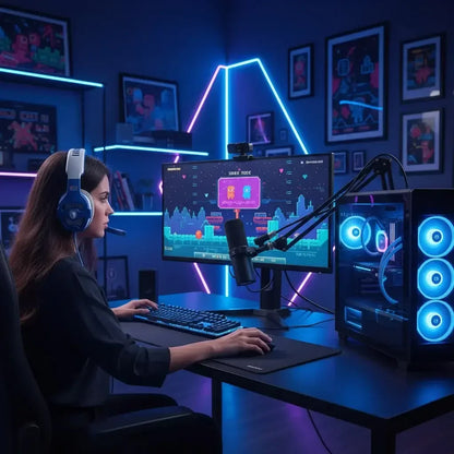 Woman gaming with headset at RGB-lit PC setup, streaming in neon-decorated room