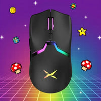 Black gaming mouse with RGB lighting on a colorful grid background with pixel art icons