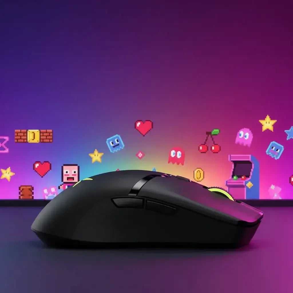 Black gaming mouse with RGB lighting on dark surface and pixelated arcade game characters in colorful background