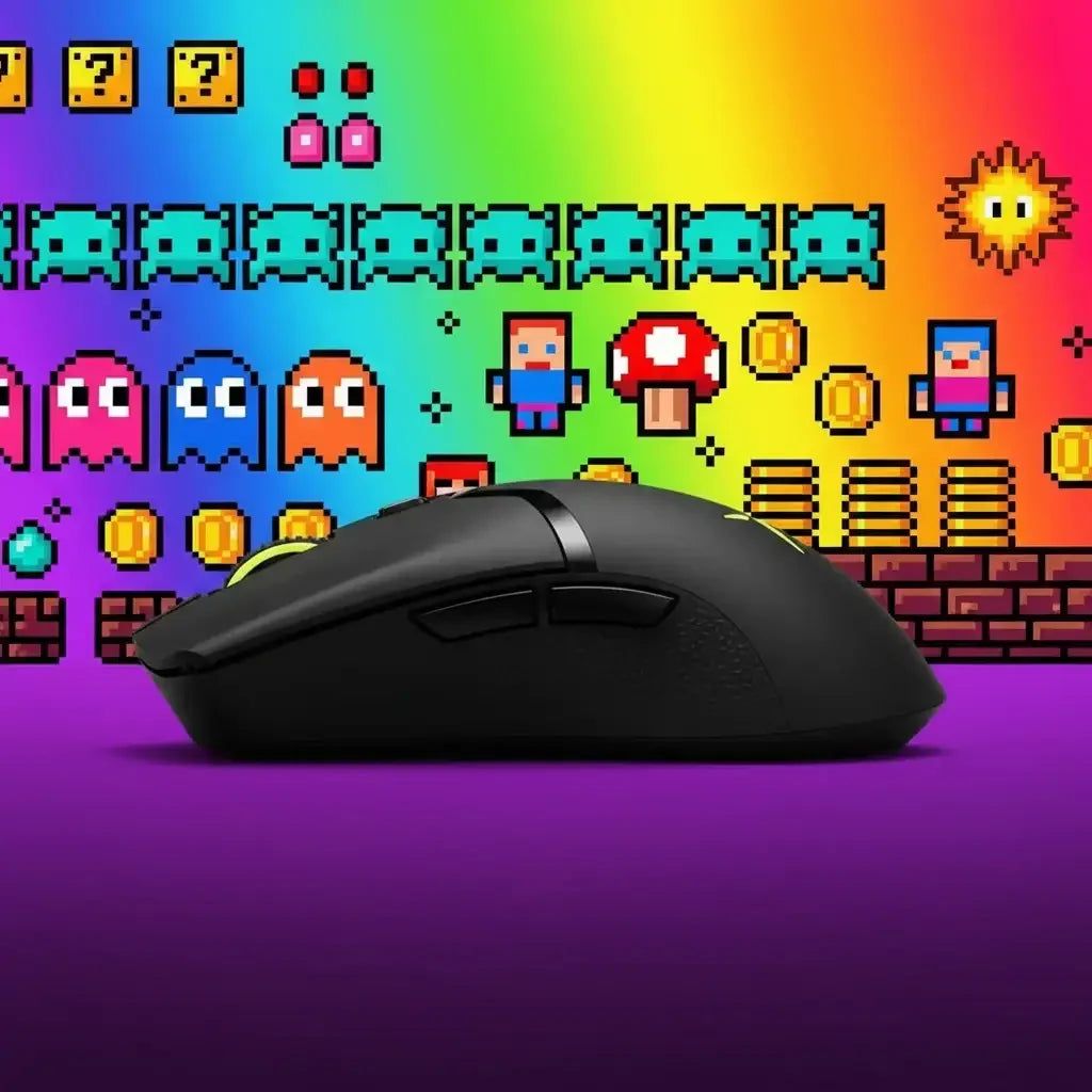 Black gaming mouse on purple surface with vibrant rainbow retro pixel art background featuring ghosts, coins, and characters