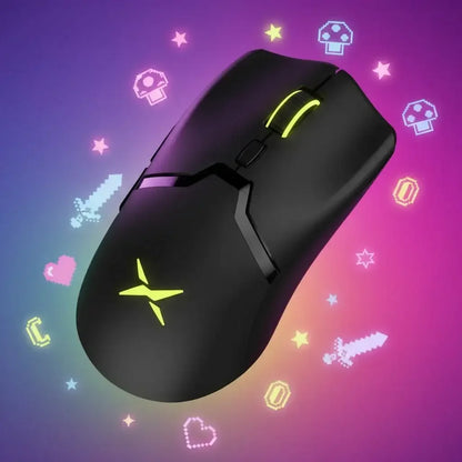 Black gaming mouse with yellow LED logo and scroll wheel on colorful pixel art background