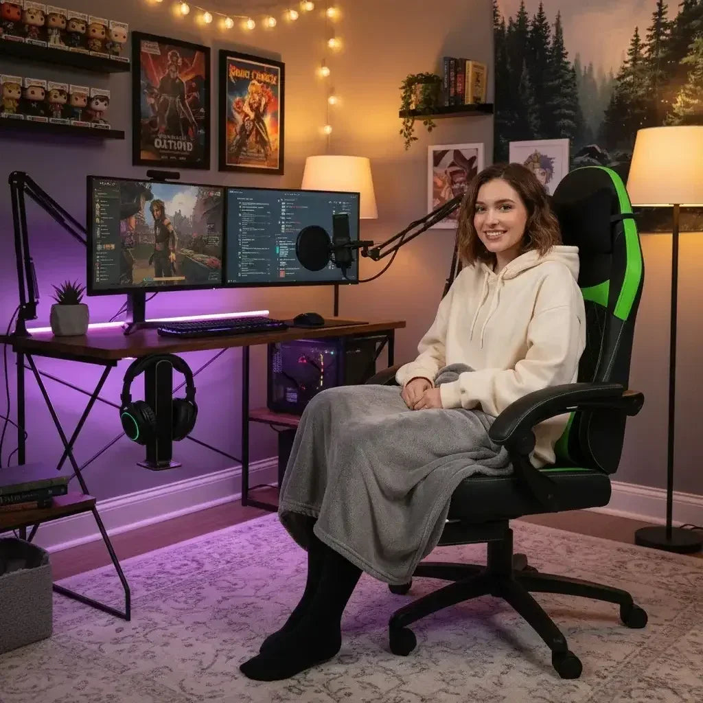 Smiling woman in beige hoodie sitting in green and black gaming chair with gray blanket in cozy gaming room