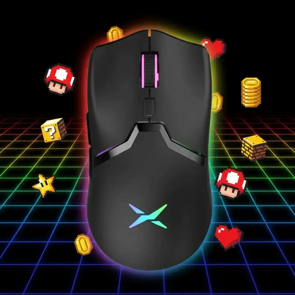 Black gaming mouse with RGB lighting on a neon grid background with pixelated coins, mushrooms, stars, hearts