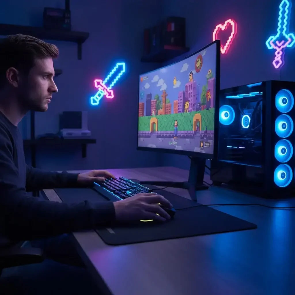 Man focused on playing pixel art video game on curved monitor in dark gaming room with neon sword and heart lights