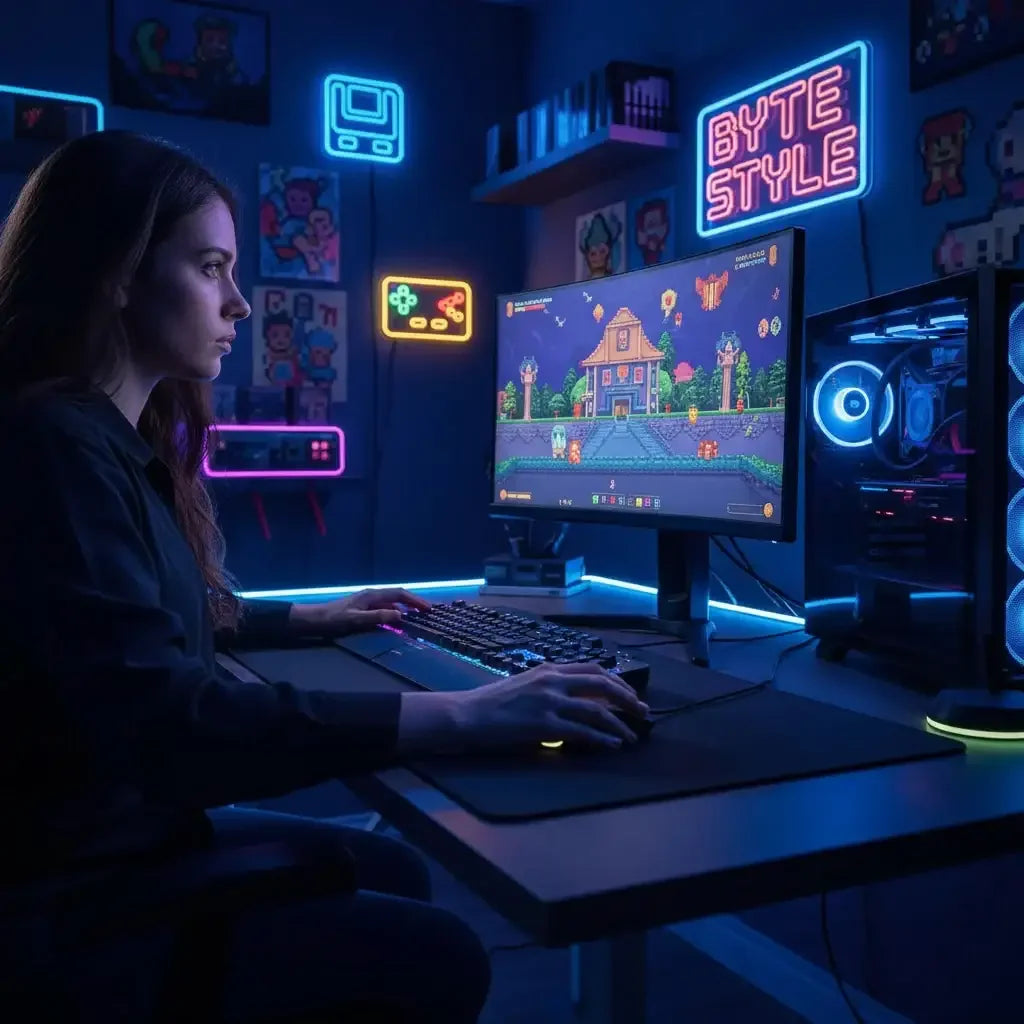 female gamer playing pixel art video game on curved monitor in neon-lit gaming room with Byte Style sign