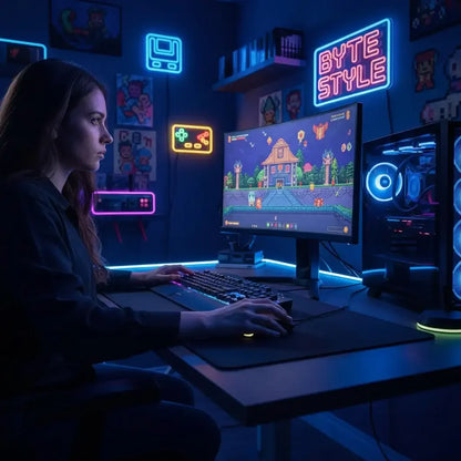 female gamer playing pixel art video game on curved monitor in neon-lit gaming room with Byte Style sign