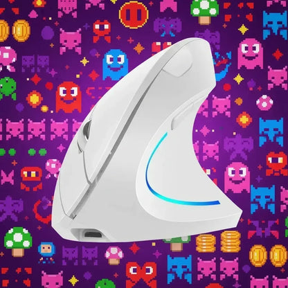 White ergonomic vertical mouse with LED accent on retro video game pixel art background