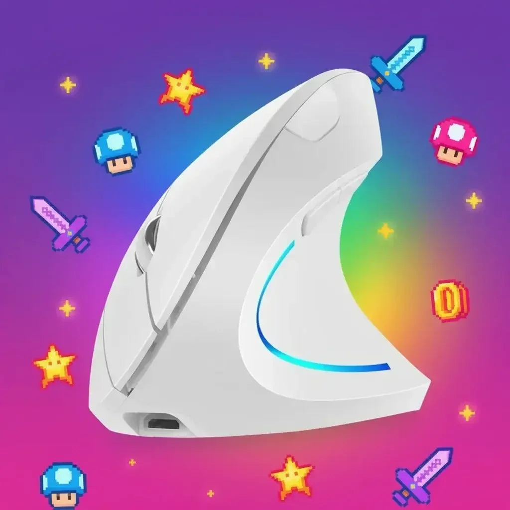 White ergonomic vertical mouse with LED light, surrounded by pixel art swords, coins, and stars.