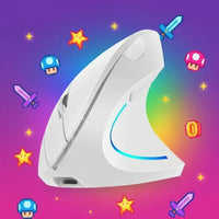 White ergonomic vertical mouse with LED light, surrounded by pixel art swords, coins, and stars.