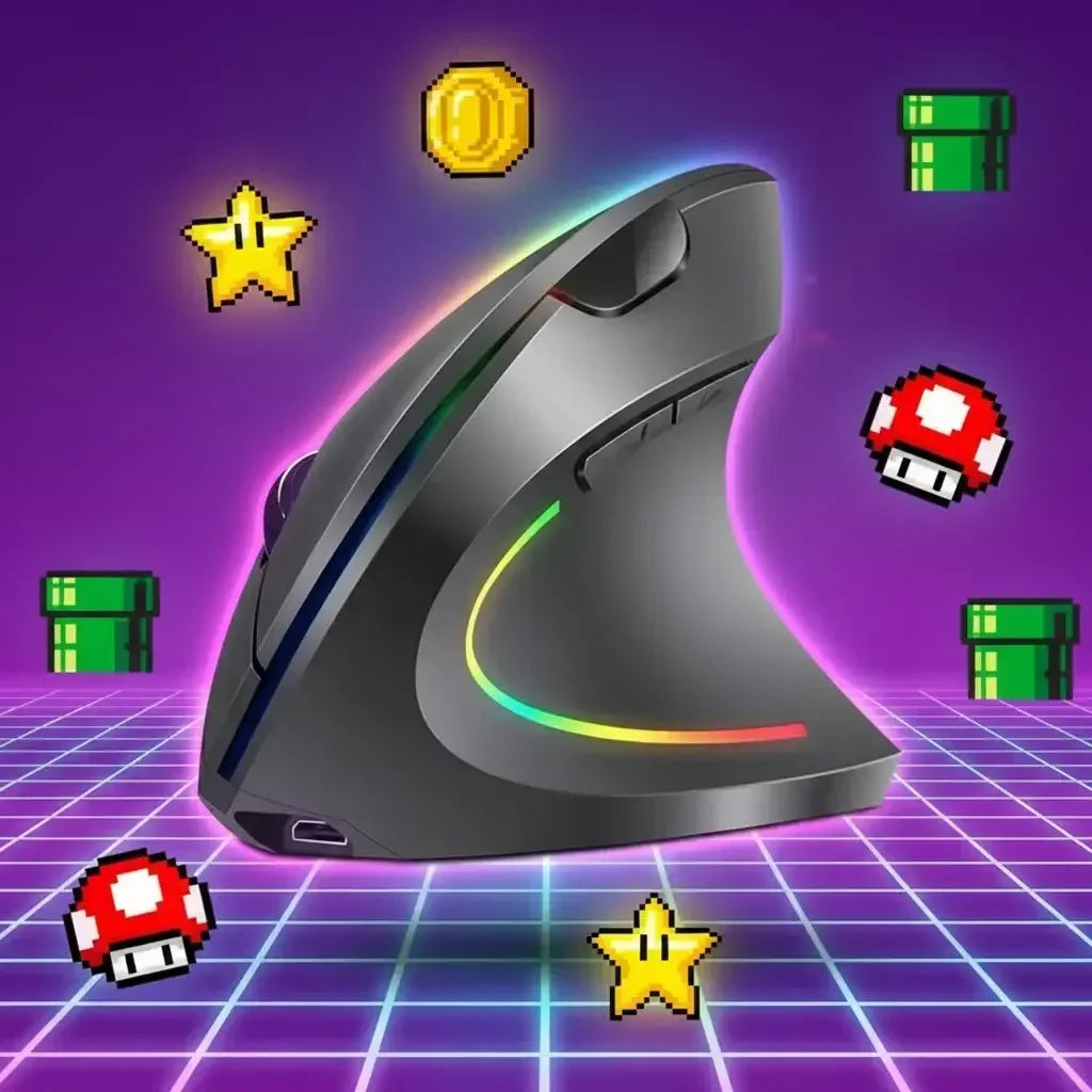 Vertical RGB gaming mouse with retro pixel icons, neon grid background, purple gradient.