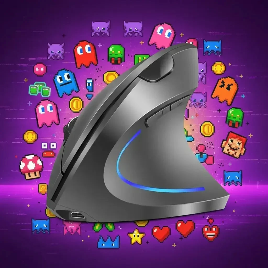 Ergonomic vertical mouse with blue LED on a purple background with retro gaming icons